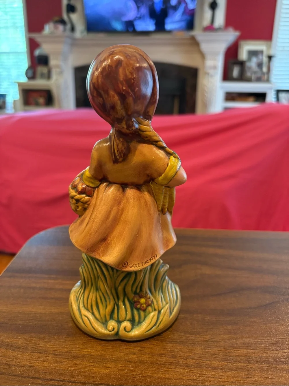 Vintage chalkware figurine a girl holding produce 1970’s hand painted Forlkart.